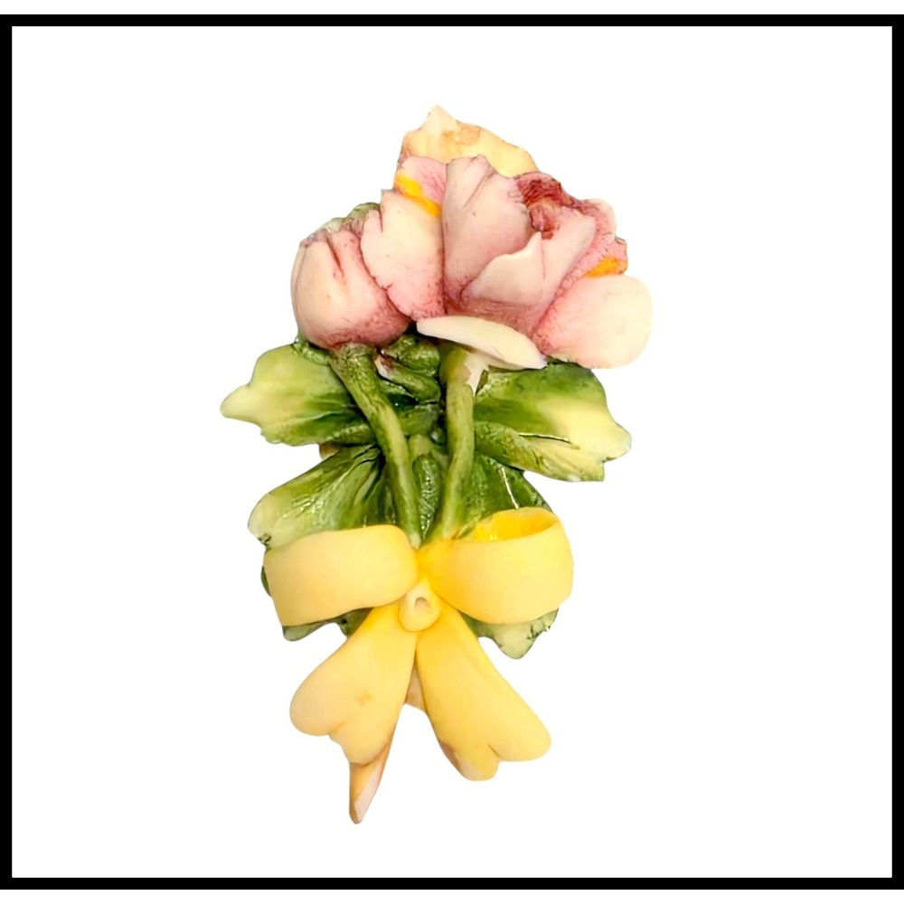 Carlo Savastano Capodimonte Italy Porcelain Pink Rose Floral Bouquet Brooch Pin